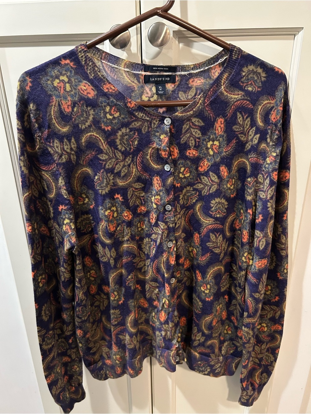 Lands' End Women's Navy Floral Paisley Merino Wool Button Down Cardigan